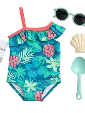 Carter’s Baby Girl Teal Pineapple One Shoulder Swimsuit 6-9M Ruffle Tropical NWT
